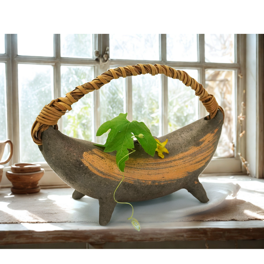 Japanese Pottery Crescent Flower Vase with Vine, Brown-black, Shigaraki-yaki – Handmade Ceramic Art, Wabi-Sabi Minimalist Decor
