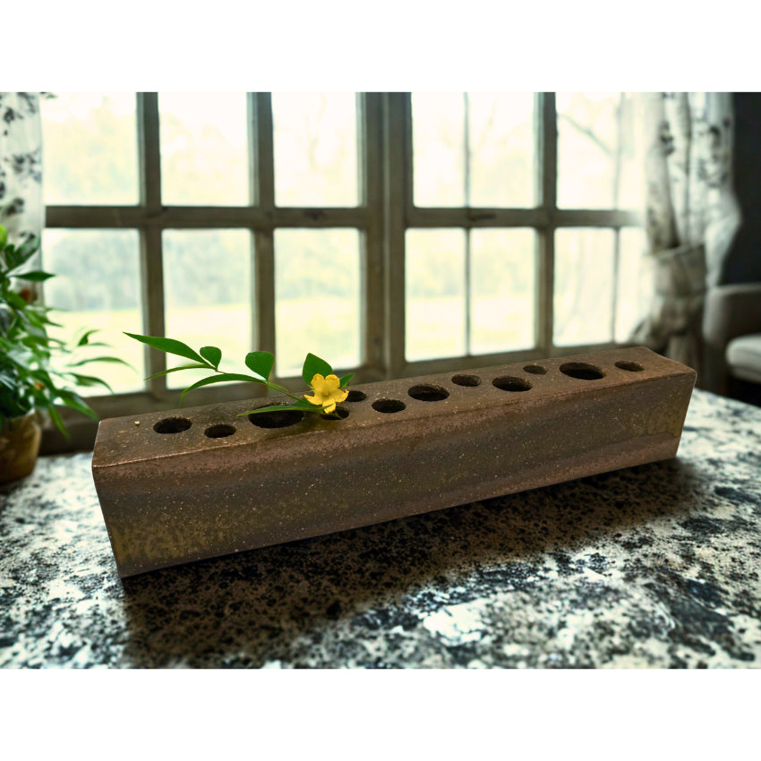 Japanese Pottery Flower frog vase, Brown-black, Shigaraki-yaki – Handmade Ceramic Art, Wabi-Sabi Minimalist Decor