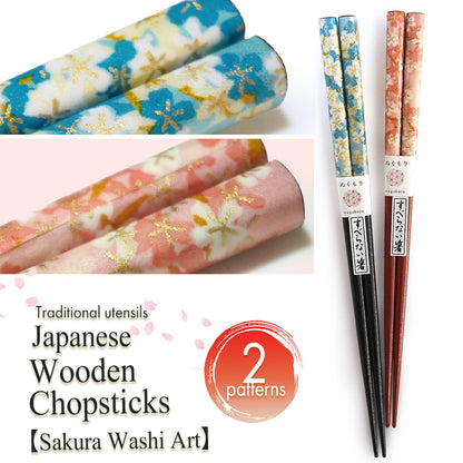 Japanese Washi Paper Design Chopsticks – Sakura, cherry blossoms Motif, Natural Wood, Lightweight & Non-Slip – Traditional Japanese utensils