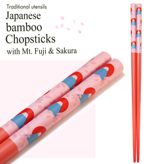 Japanese Chopsticks with Mt. Fuji & Sakura Design – Cute Cherry Blossom, Natural bamboo, Lightweight & Non-Slip – Traditional Japanese utensils