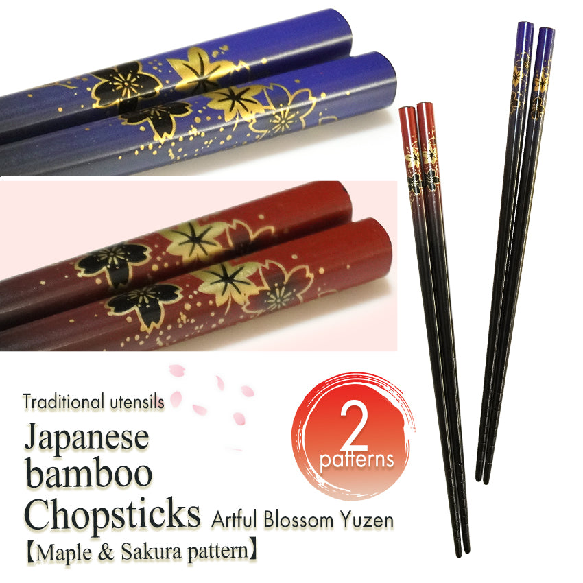 Maple & Sakura Japanese Chopsticks – Blue & Red base, Natural bamboo, Lightweight & Non-Slip – Traditional Japanese utensils