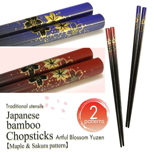 Maple & Sakura Japanese Chopsticks – Blue & Red base, Natural bamboo, Lightweight & Non-Slip – Traditional Japanese utensils