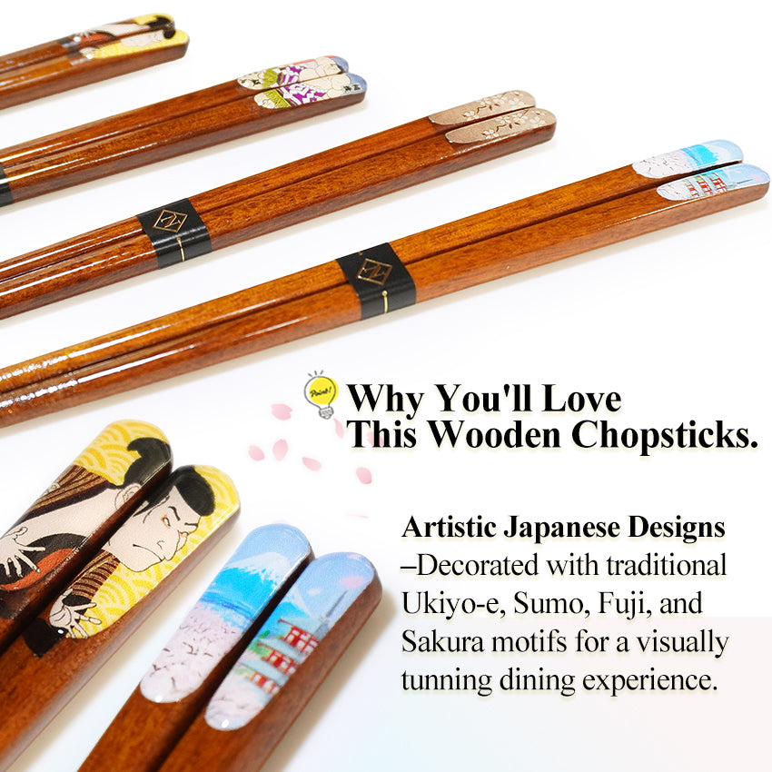 Japanese Wooden Chopsticks – Ukiyo-e, Sumo, Fuji & Sakura Designs – Natural Wood, Non-Slip, Hand-Friendly – Traditional Japanese utensils