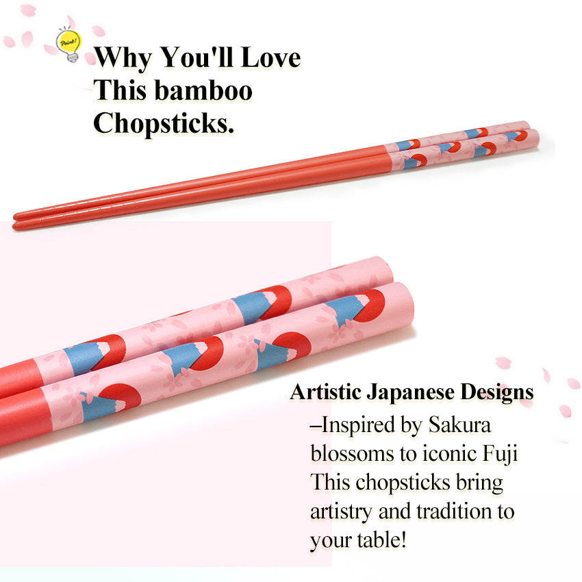 Japanese Chopsticks with Mt. Fuji & Sakura Design – Cute Cherry Blossom, Natural bamboo, Lightweight & Non-Slip – Traditional Japanese utensils