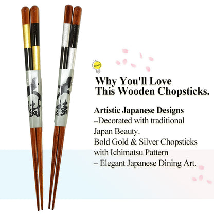 Japanese Wooden Chopsticks – Checkered Pattern Inspired by Ichimatsu pattern, Gold & Silver, Natural Wood, Lightweight & Non-Slip – Traditional Japanese utensils