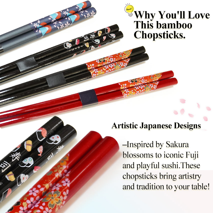 Japanese Chopsticks – Sakura, Fuji, Sushi Designs –Natural bamboo, Non-Slip, Hand-Friendly – Traditional Japanese utensils