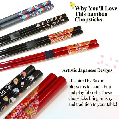 Japanese Chopsticks – Sakura, Fuji, Sushi Designs –Natural bamboo, Non-Slip, Hand-Friendly – Traditional Japanese utensils