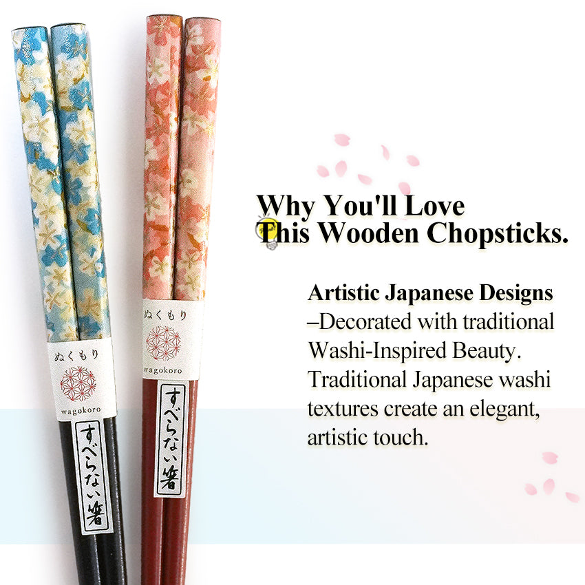 Japanese Washi Paper Design Chopsticks – Sakura, cherry blossoms Motif, Natural Wood, Lightweight & Non-Slip – Traditional Japanese utensils