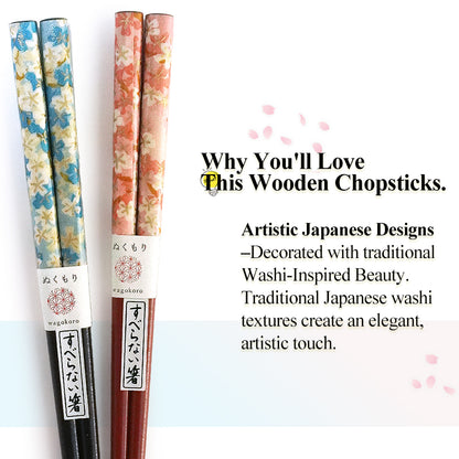 Japanese Washi Paper Design Chopsticks – Sakura, cherry blossoms Motif, Natural Wood, Lightweight & Non-Slip – Traditional Japanese utensils