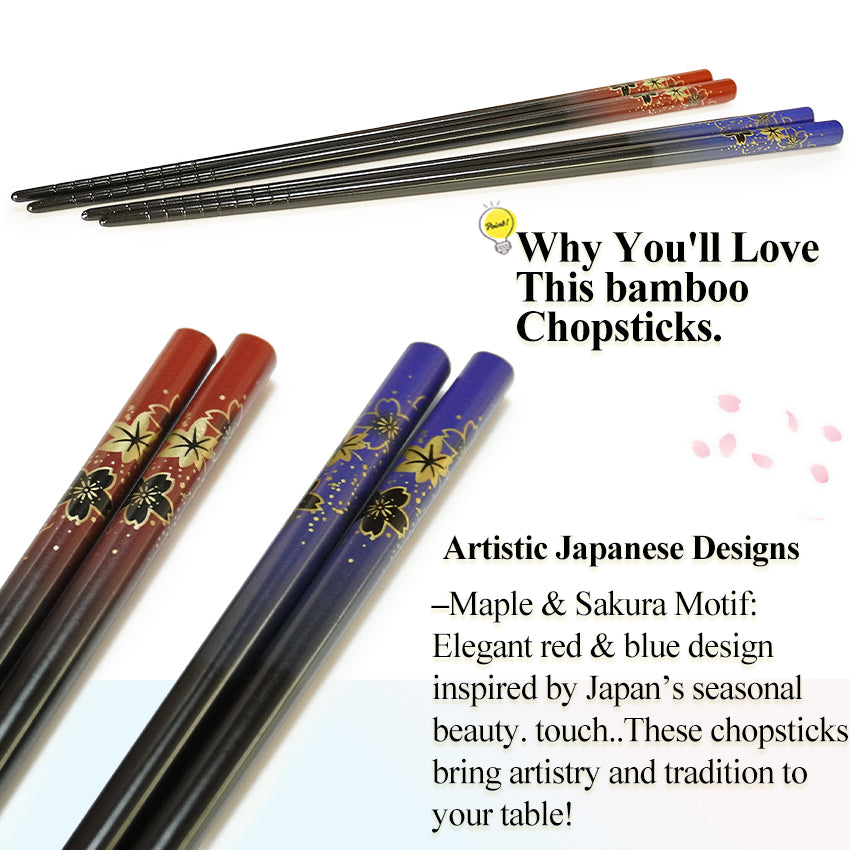 Maple & Sakura Japanese Chopsticks – Blue & Red base, Natural bamboo, Lightweight & Non-Slip – Traditional Japanese utensils