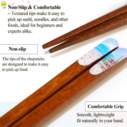 Japanese Wooden Chopsticks – Ukiyo-e, Sumo, Fuji & Sakura Designs – Natural Wood, Non-Slip, Hand-Friendly – Traditional Japanese utensils