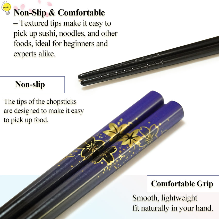 Maple & Sakura Japanese Chopsticks – Blue & Red base, Natural bamboo, Lightweight & Non-Slip – Traditional Japanese utensils