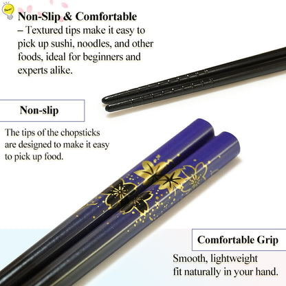 Maple & Sakura Japanese Chopsticks – Blue & Red base, Natural bamboo, Lightweight & Non-Slip – Traditional Japanese utensils