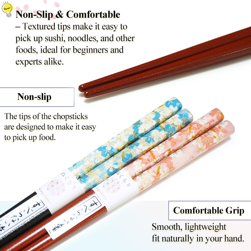 Japanese Washi Paper Design Chopsticks – Sakura, cherry blossoms Motif, Natural Wood, Lightweight & Non-Slip – Traditional Japanese utensils