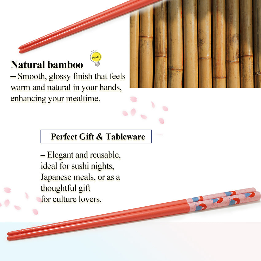 Japanese Chopsticks with Mt. Fuji & Sakura Design – Cute Cherry Blossom, Natural bamboo, Lightweight & Non-Slip – Traditional Japanese utensils