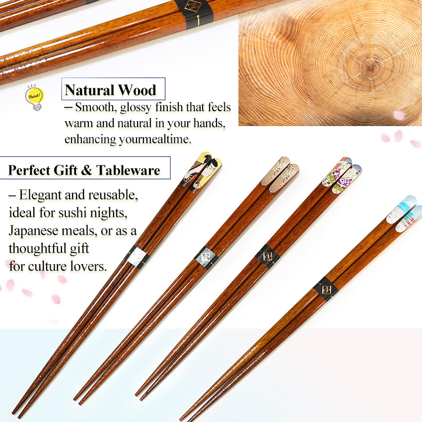 Japanese Wooden Chopsticks – Ukiyo-e, Sumo, Fuji & Sakura Designs – Natural Wood, Non-Slip, Hand-Friendly – Traditional Japanese utensils