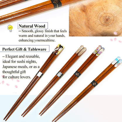 Japanese Wooden Chopsticks – Ukiyo-e, Sumo, Fuji & Sakura Designs – Natural Wood, Non-Slip, Hand-Friendly – Traditional Japanese utensils