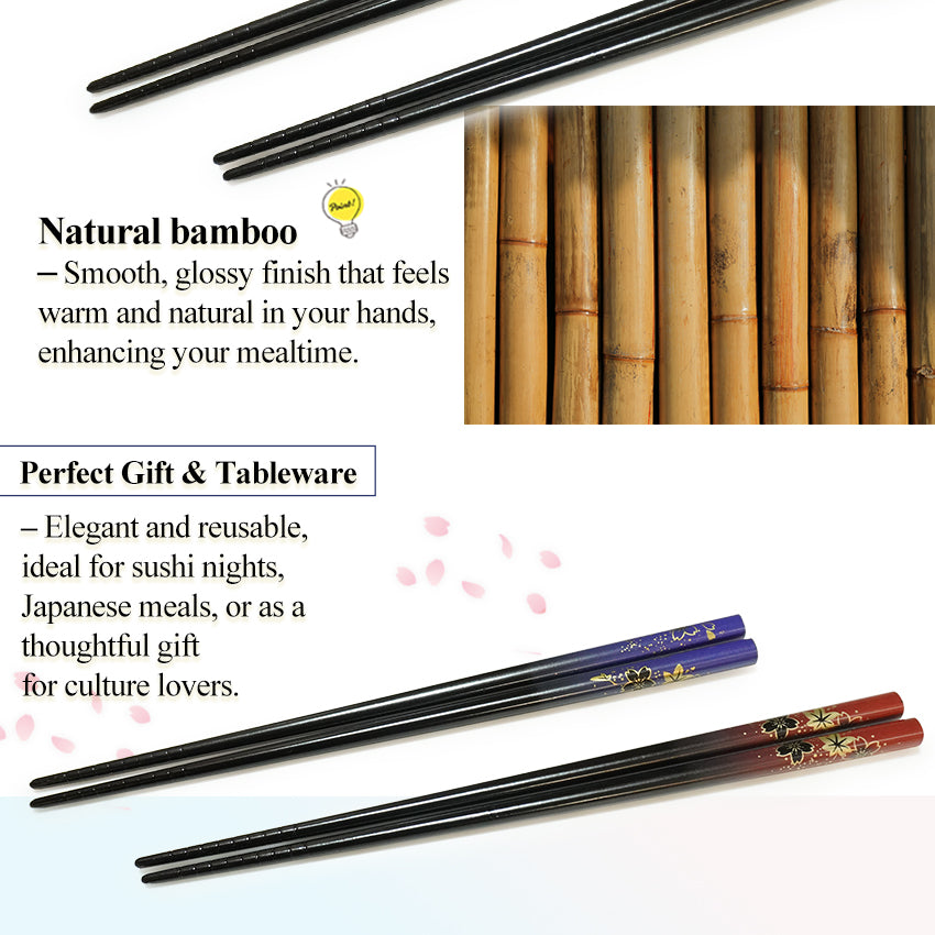 Maple & Sakura Japanese Chopsticks – Blue & Red base, Natural bamboo, Lightweight & Non-Slip – Traditional Japanese utensils