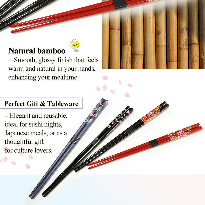 Japanese Chopsticks – Sakura, Fuji, Sushi Designs –Natural bamboo, Non-Slip, Hand-Friendly – Traditional Japanese utensils