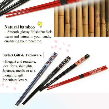 Japanese Chopsticks – Sakura, Fuji, Sushi Designs –Natural bamboo, Non-Slip, Hand-Friendly – Traditional Japanese utensils
