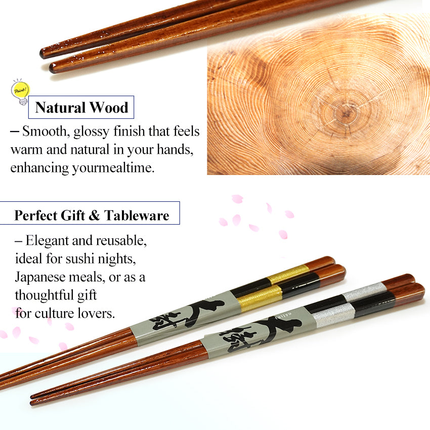 Japanese Wooden Chopsticks – Checkered Pattern Inspired by Ichimatsu pattern, Gold & Silver, Natural Wood, Lightweight & Non-Slip – Traditional Japanese utensils