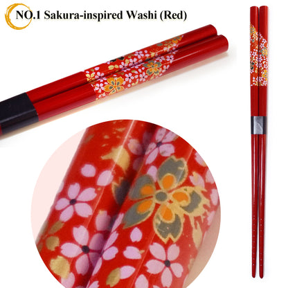 Japanese Chopsticks – Sakura, Fuji, Sushi Designs –Natural bamboo, Non-Slip, Hand-Friendly – Traditional Japanese utensils