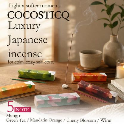 COCOSTICQ Japanese Luxury Incense Sticks for Relaxation & Self-Care – Elegant Low Smoke Home Fragrance, Mango, Wine, Cherry Blossom, Green Tea, Mandarin Orange