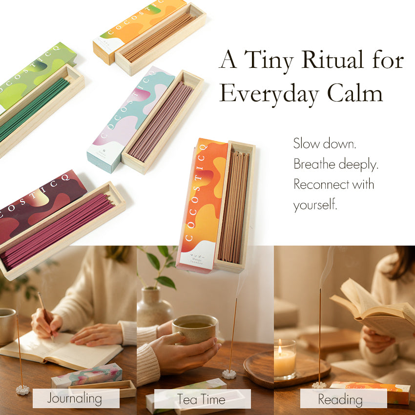 COCOSTICQ Japanese Luxury Incense Sticks for Relaxation & Self-Care – Elegant Low Smoke Home Fragrance, Mango, Wine, Cherry Blossom, Green Tea, Mandarin Orange
