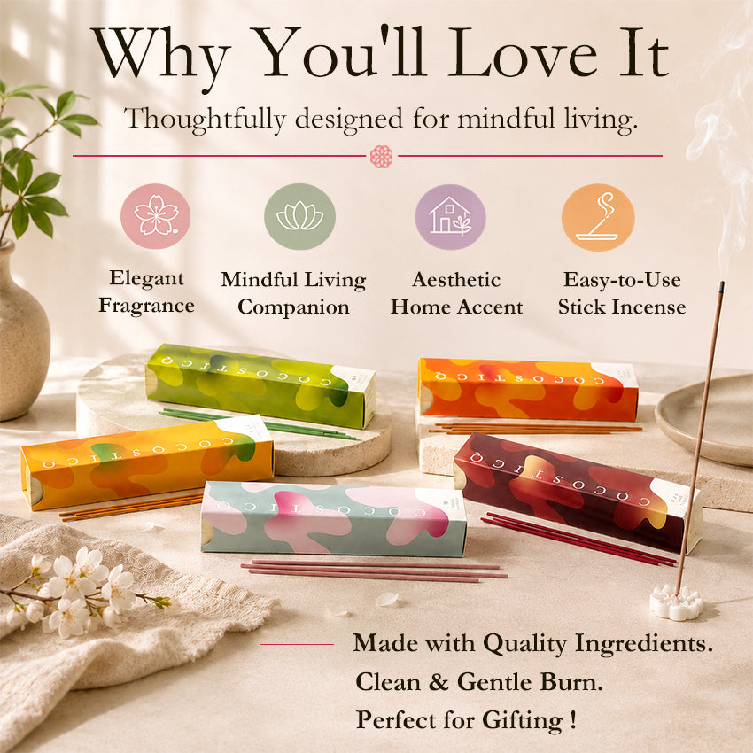 COCOSTICQ Japanese Luxury Incense Sticks for Relaxation & Self-Care – Elegant Low Smoke Home Fragrance, Mango, Wine, Cherry Blossom, Green Tea, Mandarin Orange