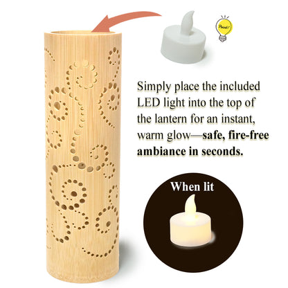 Bamboo Ambient Lamp  ”Karakusa Arabesque” – Japanese Handcrafted Zen Decor, Natural Bamboo Mood Lantern with LED Candle