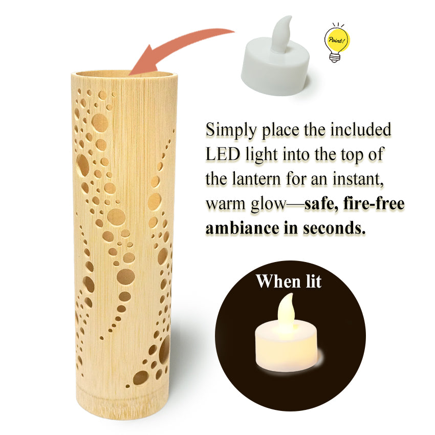 Bamboo Ambient Lamp  ”Nami Wave” – Japanese Handcrafted Zen Decor, Natural Bamboo Mood Lantern with LED Candle