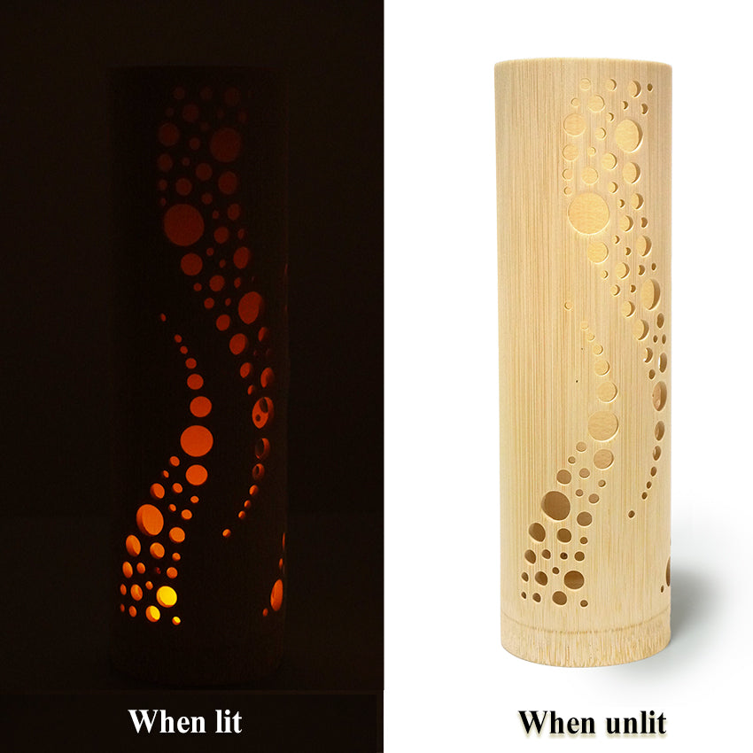 Bamboo Ambient Lamp  ”Nami Wave” – Japanese Handcrafted Zen Decor, Natural Bamboo Mood Lantern with LED Candle