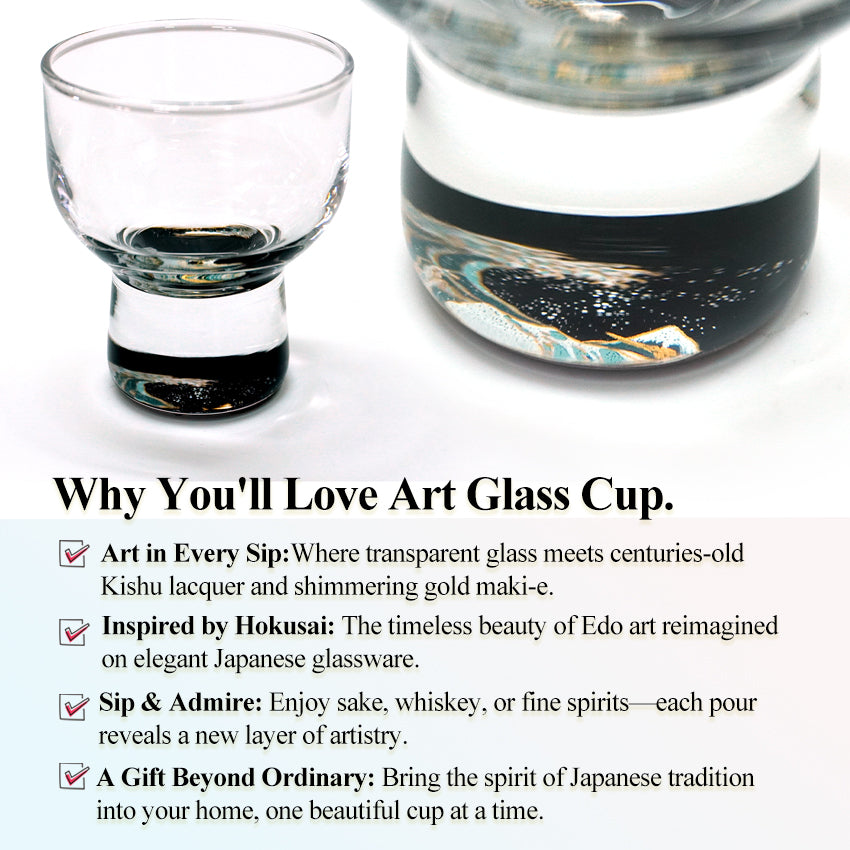 Japanese Art Glass Cup, Kishu Lacquerware Art Drinking Vessel ー HOKUSAI “Edo Spirit” Ukiyoe, The Great Wave off Kanagawa