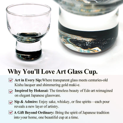 Japanese Art Glass Cup, Kishu Lacquerware Art Drinking Vessel ー HOKUSAI “Edo Spirit” Ukiyoe, The Great Wave off Kanagawa