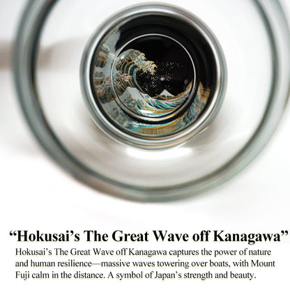 Japanese Art Glass Cup, Kishu Lacquerware Art Drinking Vessel ー HOKUSAI “Edo Spirit” Ukiyoe, The Great Wave off Kanagawa