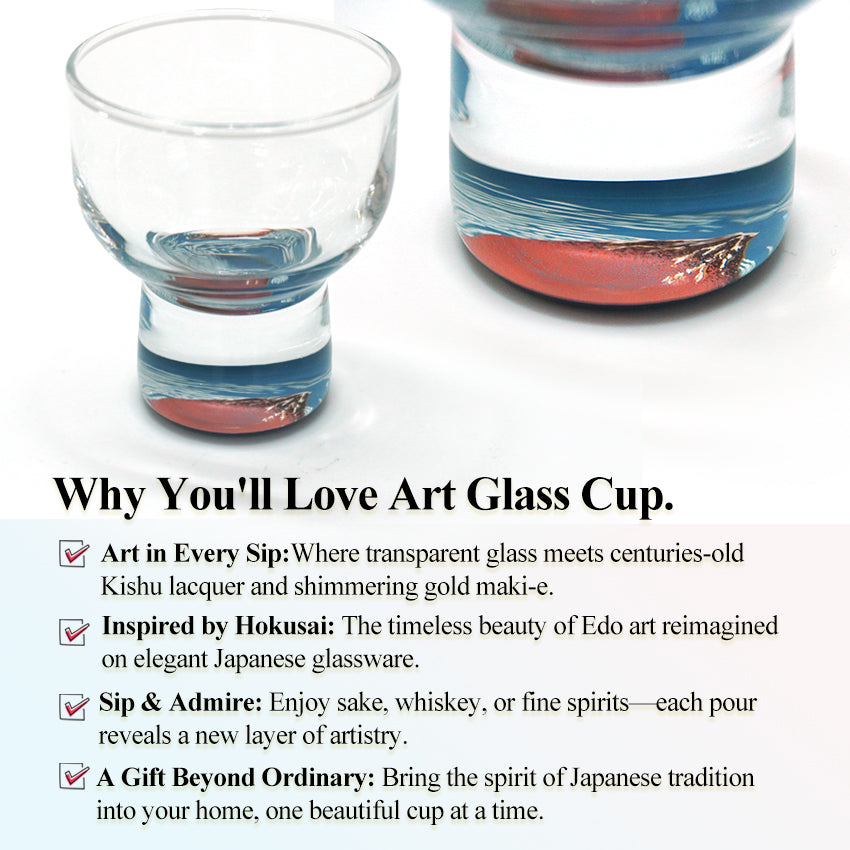 Japanese Art Glass Cup, Kishu Lacquerware Art Drinking Vessel ー HOKUSAI “Edo Spirit” Ukiyoe, Aka-Fuji