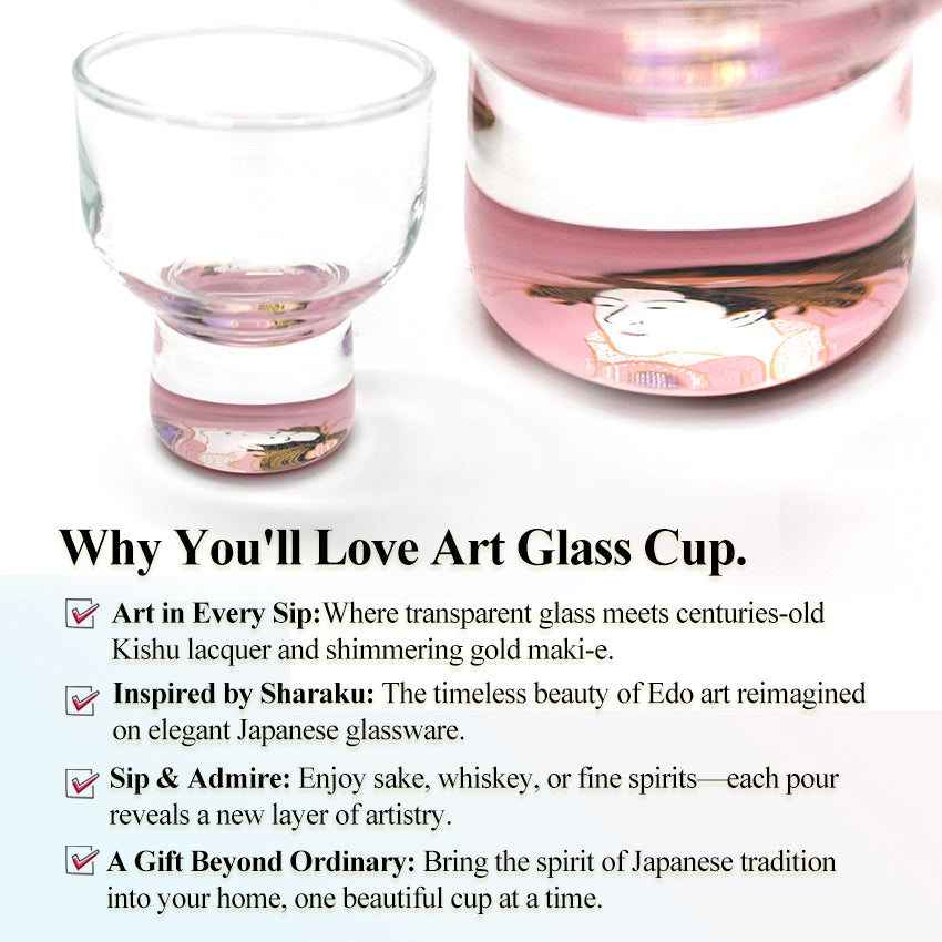 Japanese Art Glass Cup, Kishu Lacquerware Art Drinking Vessel ー Sharaku “Edo Spirit” Ukiyoe, Japanese Beauty portrays