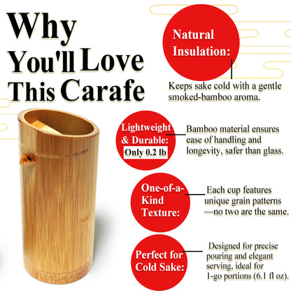 Japanese Soot‑Bamboo Sake Carafe (Tokkuri) – Handmade Susutake Bamboo Bottle for Cold Sake, Eco-Friendly Natural Japanese Craft, “1-Go Size / 180 ml / 6.1 fl oz”
