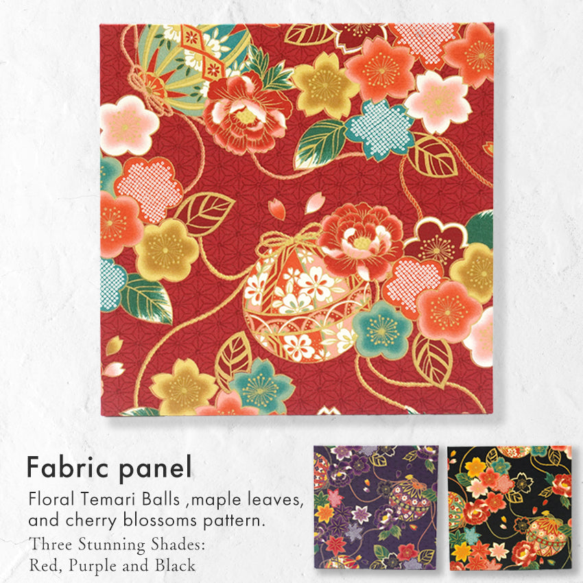 Japanese Fabric Panel – Floral Temari Balls, maple leaves & Sakura blossoms pattern, traditional wall art
