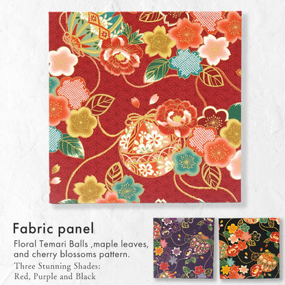Japanese Fabric Panel – Floral Temari Balls, maple leaves & Sakura blossoms pattern, traditional wall art