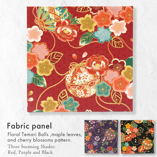 Japanese Fabric Panel – Floral Temari Balls, maple leaves & Sakura blossoms pattern, traditional wall art