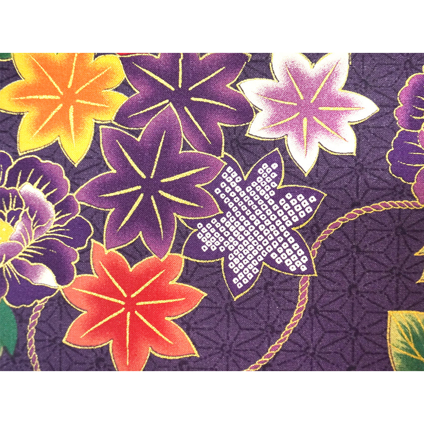 Japanese Fabric Panel – Floral Temari Balls, maple leaves & Sakura blossoms pattern, traditional wall art