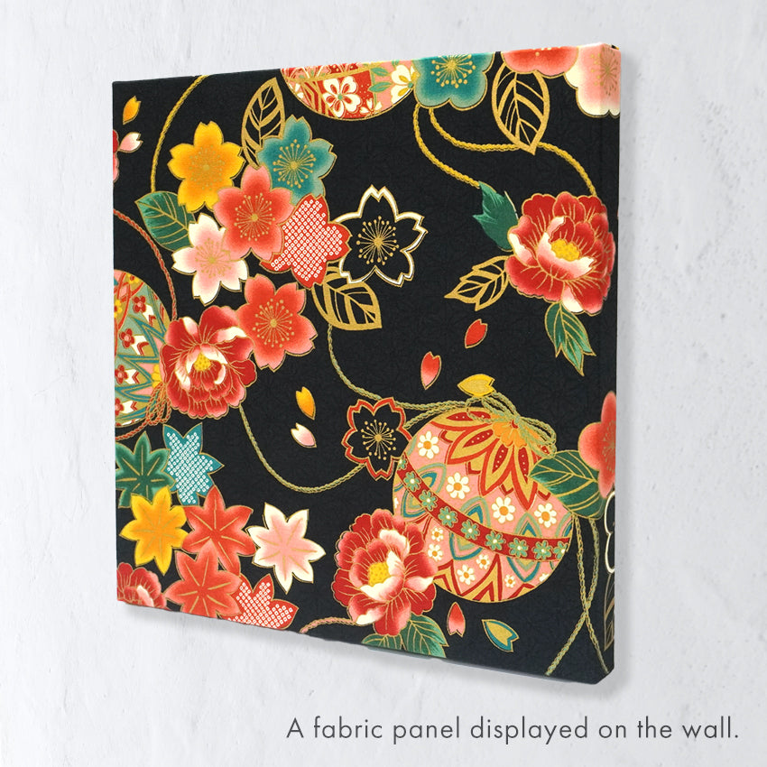 Japanese Fabric Panel – Floral Temari Balls, maple leaves & Sakura blossoms pattern, traditional wall art
