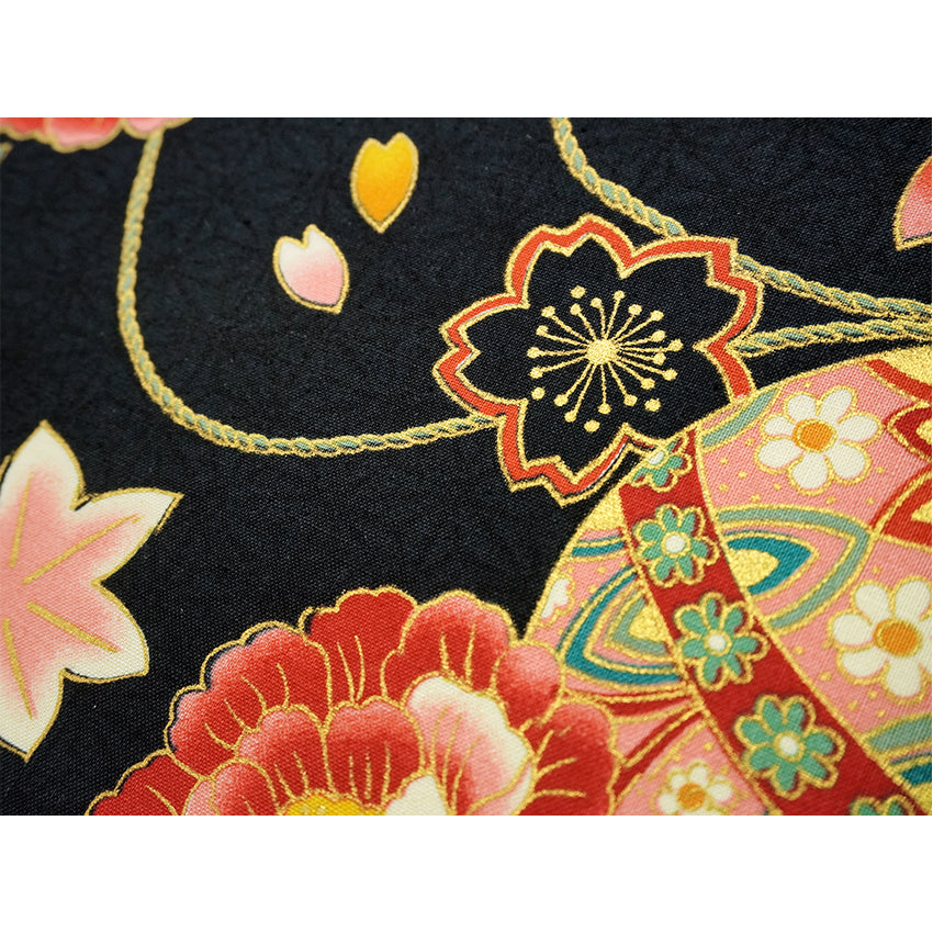 Japanese Fabric Panel – Floral Temari Balls, maple leaves & Sakura blossoms pattern, traditional wall art