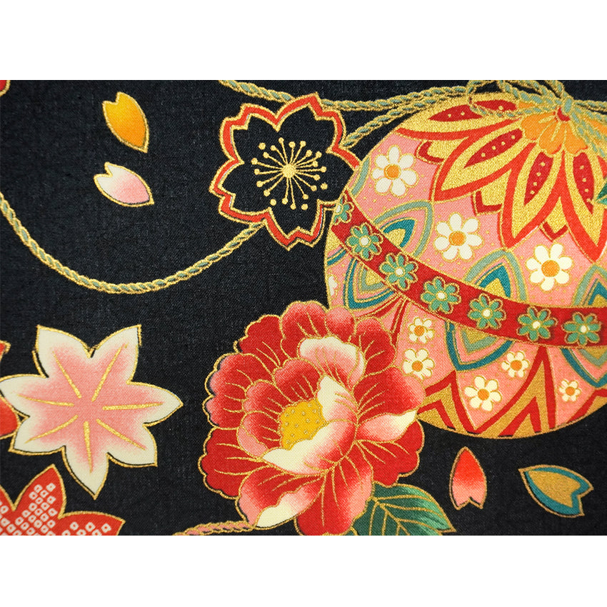 Japanese Fabric Panel – Floral Temari Balls, maple leaves & Sakura blossoms pattern, traditional wall art
