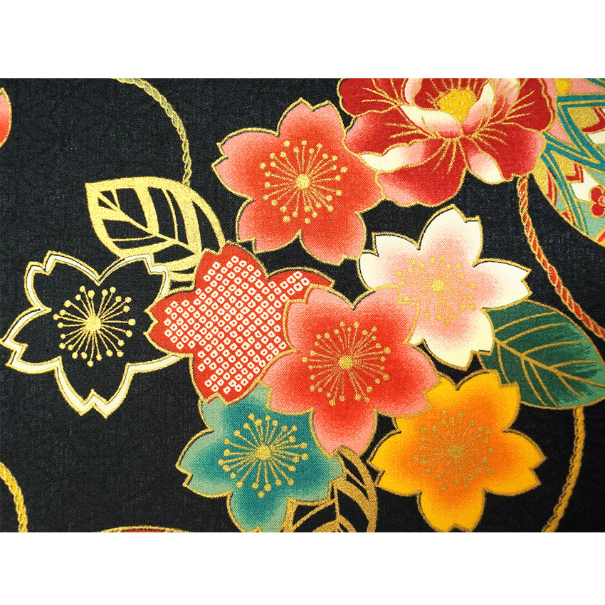 Japanese Fabric Panel – Floral Temari Balls, maple leaves & Sakura blossoms pattern, traditional wall art