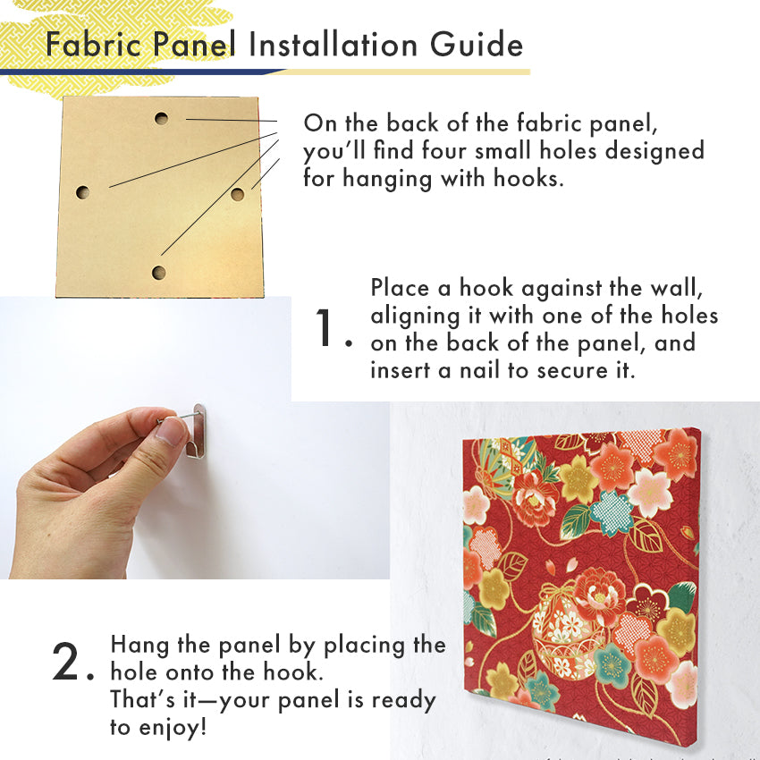 Japanese Fabric Panel – Floral Temari Balls, maple leaves & Sakura blossoms pattern, traditional wall art