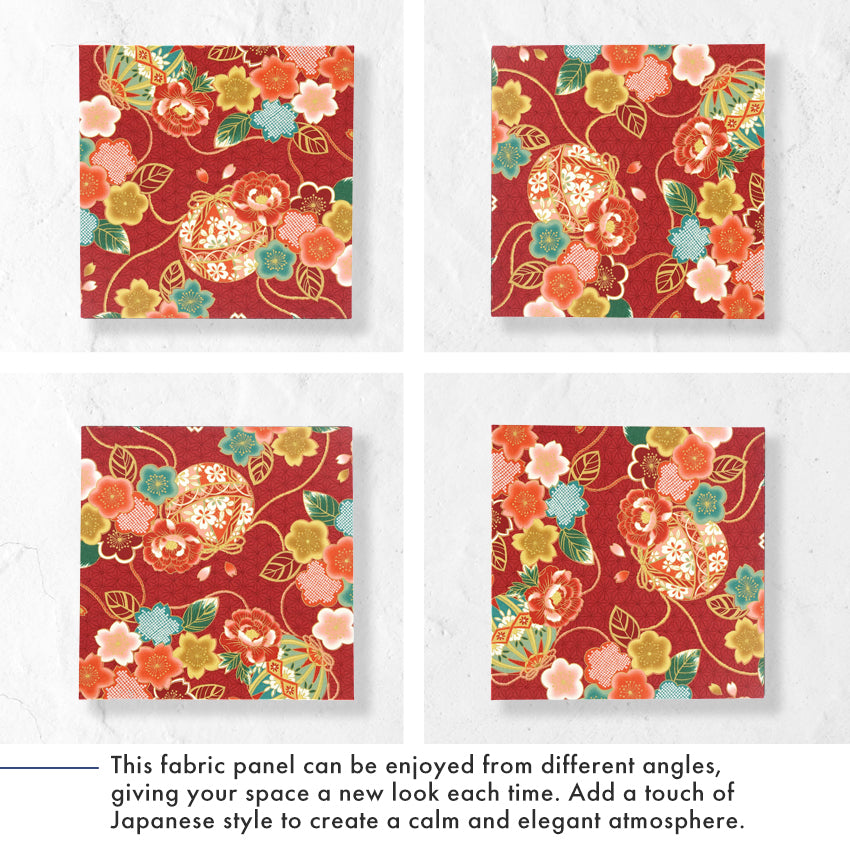 Japanese Fabric Panel – Floral Temari Balls, maple leaves & Sakura blossoms pattern, traditional wall art