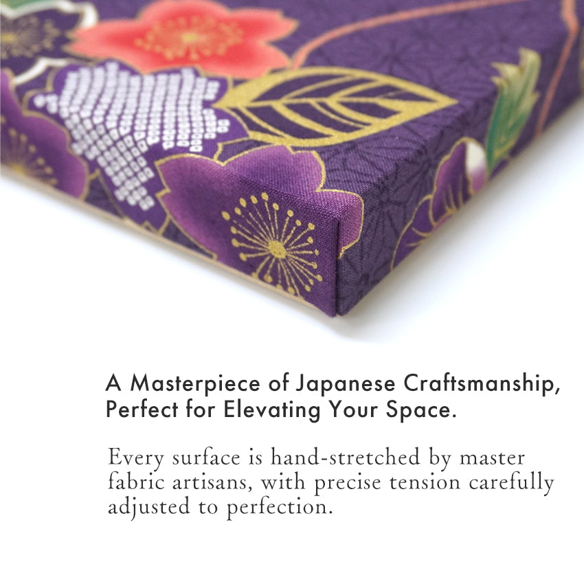 Japanese Fabric Panel – Floral Temari Balls, maple leaves & Sakura blossoms pattern, traditional wall art