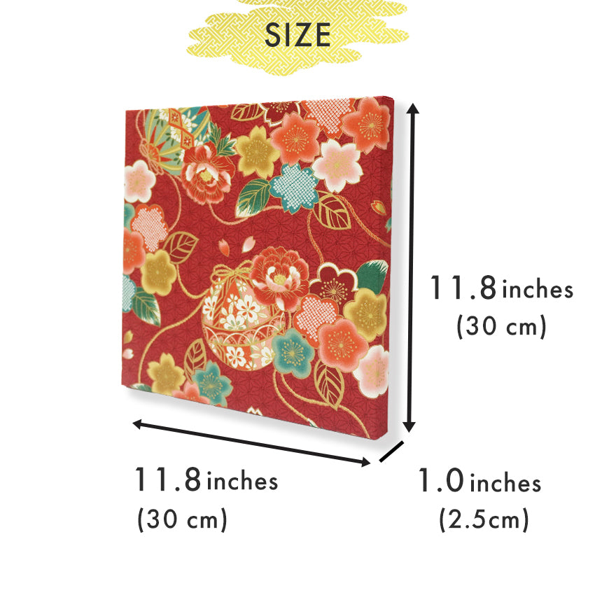 Japanese Fabric Panel – Floral Temari Balls, maple leaves & Sakura blossoms pattern, traditional wall art